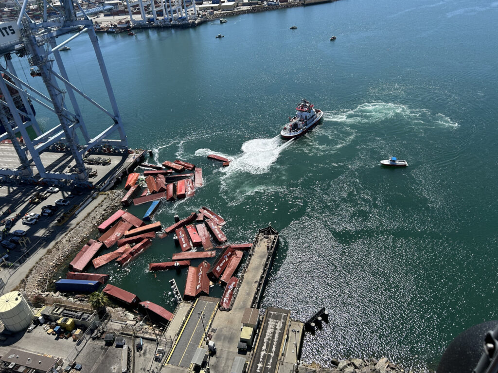 Containers fall on STAX Engineering’s emissions capture barge at POLB